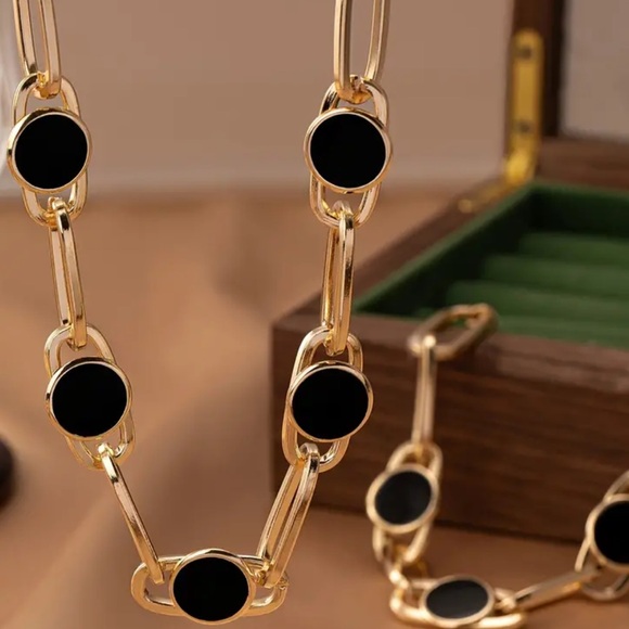 Chunky Luxury Gold Chain Necklace & Bracelet Set with Bold Black Accents Modern - Picture 3 of 5